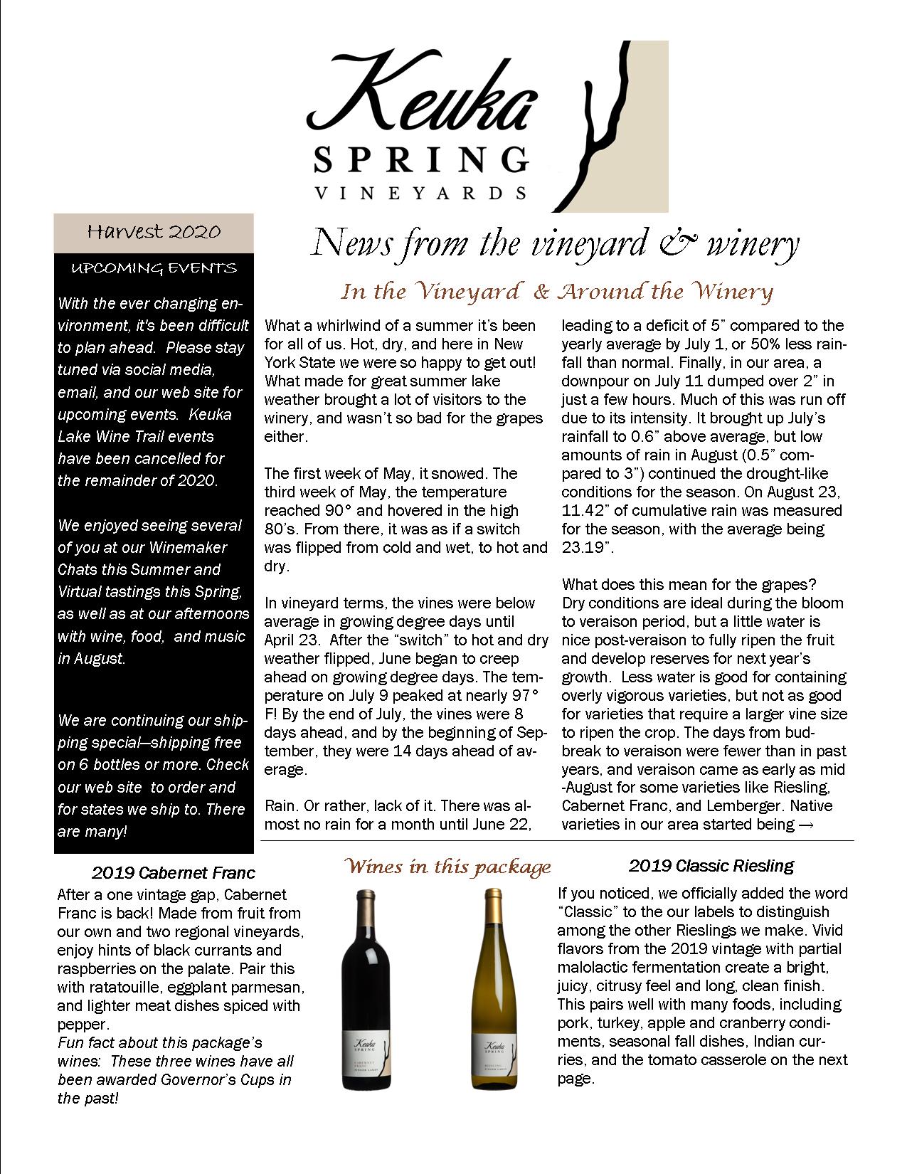 Vista Wine Club Newsletter Harvest 2020 page 1