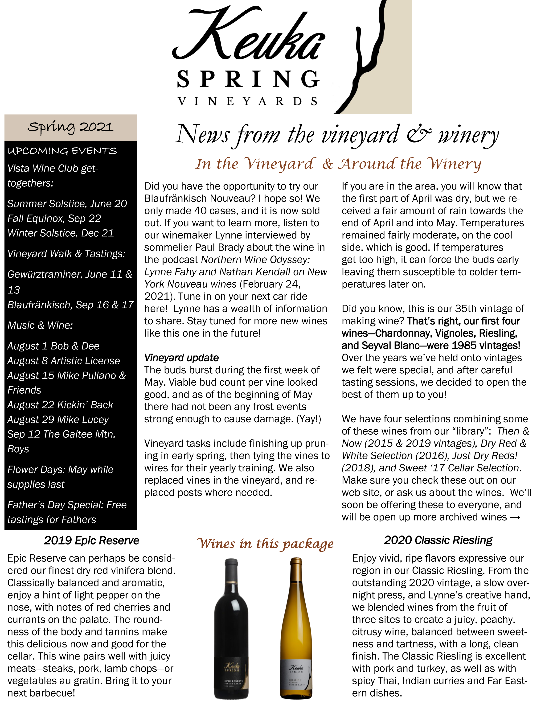 Vista Wine Club Newsletter Spring 2021 page 1