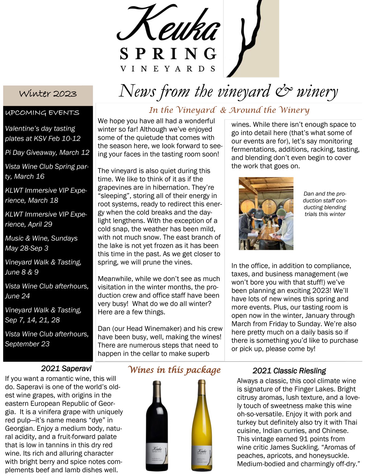Keuka Spring Winter Vista Wine Club Newsletter 2023 page 1
