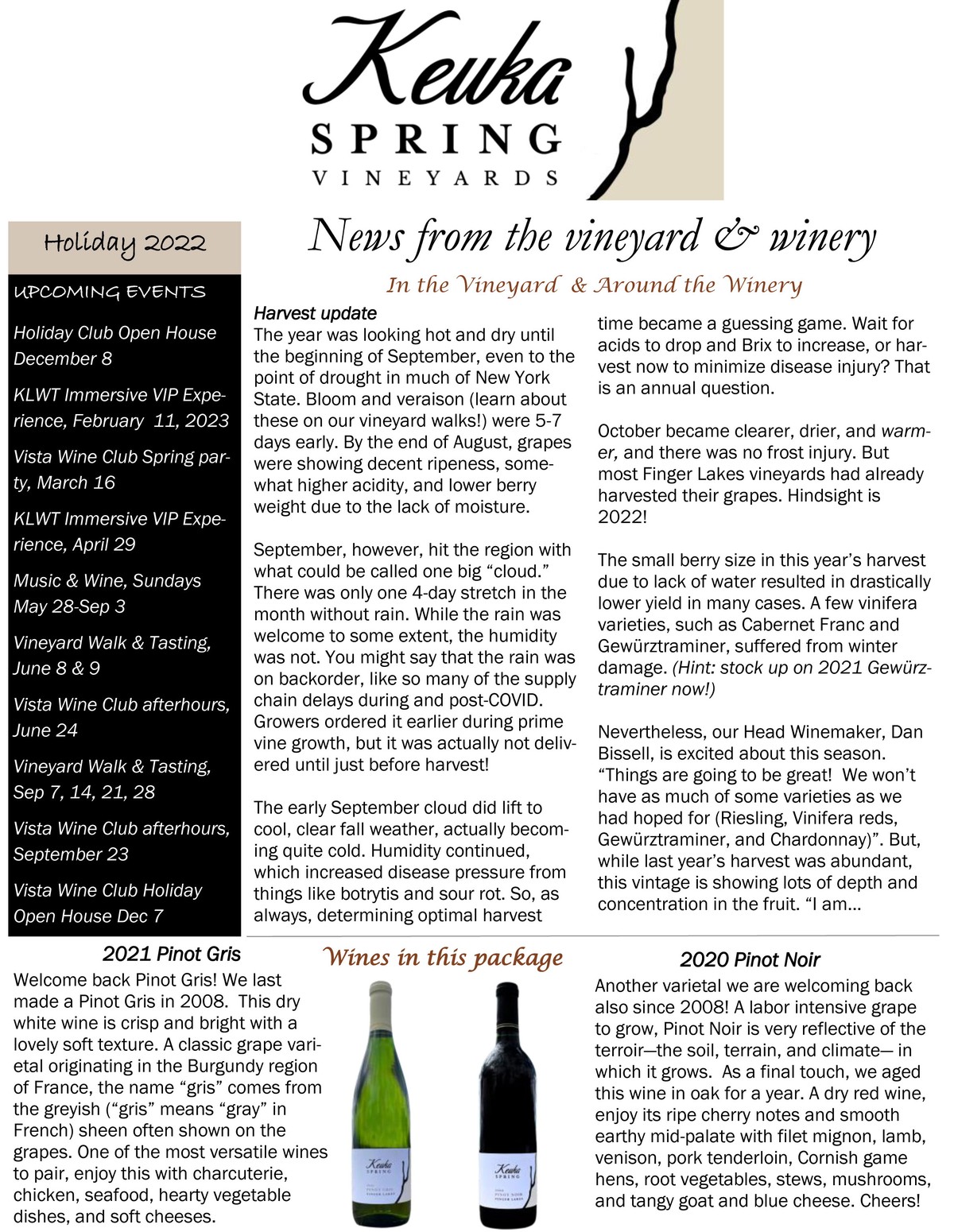First page of Holiday Vista Wine Club newsletter