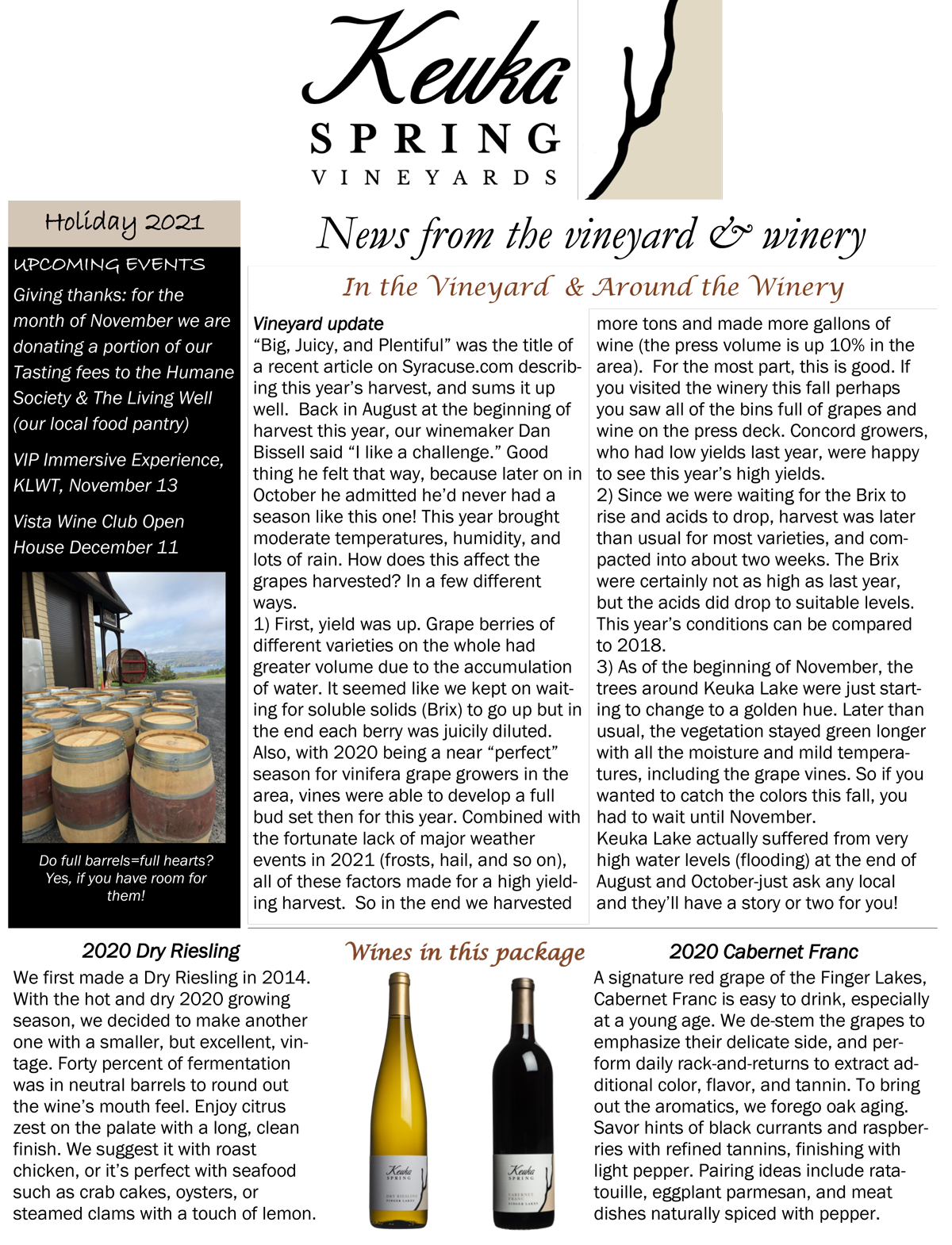 Holiday 2021 Wine Club newsletter page 1